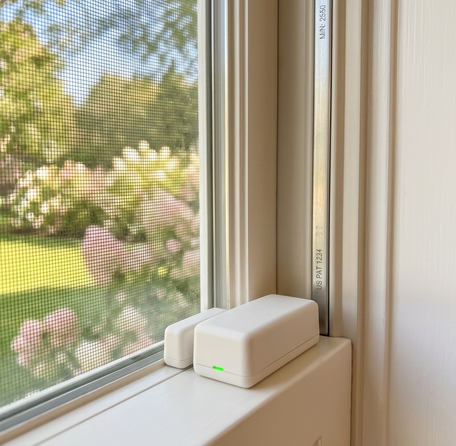 Examples of wireless door, motion, and glass-break sensors on a home