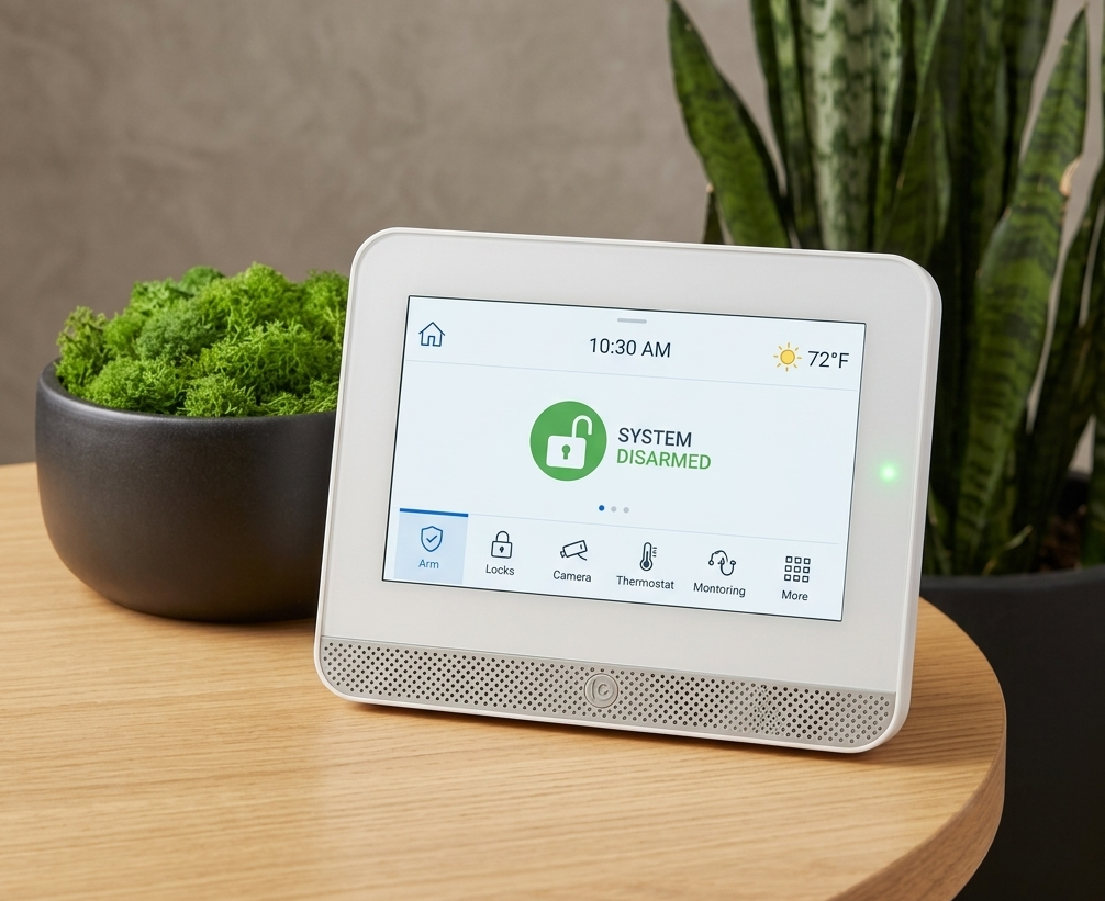 Examples of wireless door, motion, and glass-break sensors on a home